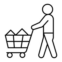 Poster - Man with shopping cart thin line icon, consumer concept. Vector graphics. Human and full trolley, shopper sign on white background, linear style for mobile or design.