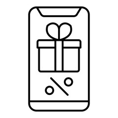 Poster - Smartphone with discount box thin line icon, shopping online concept. Vector graphics. Phone screen app, shop sign on white background, linear style for mobile or design.