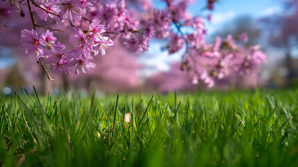 Poster - Close-up of pink cherry blossoms over green grass, showcasing springtime freshness and natural beauty, ideal for nature or seasonal themes
