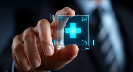Poster - A businessman is using a smartphone that features virtual icons for health care and medical treatment services