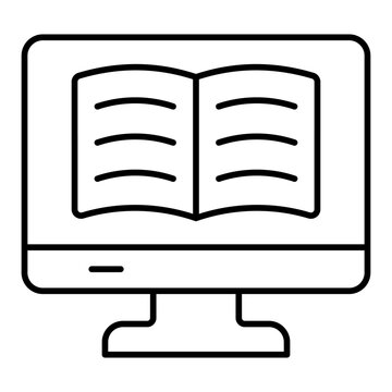 Monitor screen with book thin line icon, reading book online concept. Vector graphics. Digital textbook copy sign on white background, linear style for mobile or design.