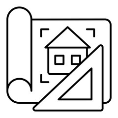 Poster - Project drawings thin line icon, construction plan concept. Vector graphics. Paper house project with ruler sign on white background, linear style for mobile or design.