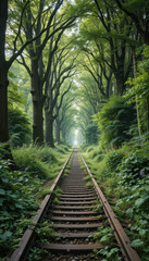  Tracks Disappearing into a Green Forest Canopy Tunnel