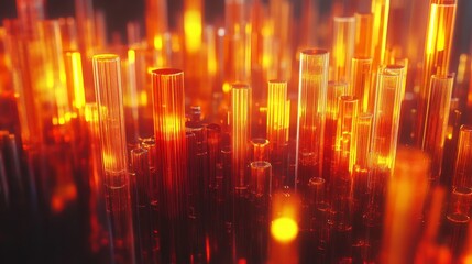 Poster - Abstract fiery cityscape with glowing metallic towers and bokeh lights in warm tones.