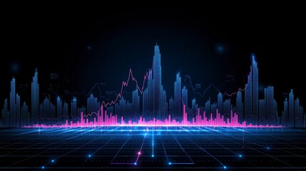 Poster - Futuristic cityscape at night with neon lights and digital effects, vibrant pink and blue hues on a dark background.