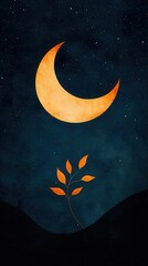 Wall Mural - Celestial Artwork with Crescent Moon, Leaves, and Sparkling Starry Night Sky Composition for Creative Designs