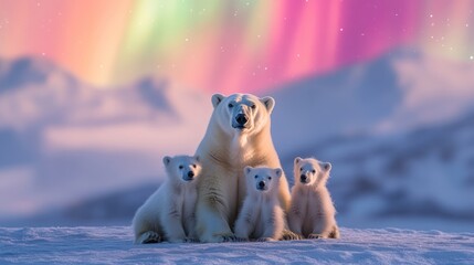 polar bear family, arctic aurora, snowy landscape, wildlife conservation (1)