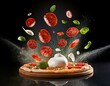 © Argiduna - Fotografía de una explosión de pizza de pepperoni deconstruida con ingredientes flotando en el aire, pepperoni, mozzarella, burrata suave, couli de tomate, albahaca, aceite de oliva, base de pizza,