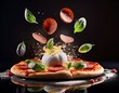 © Argiduna - Fotografía de una explosión de pizza de pepperoni deconstruida con ingredientes flotando en el aire, pepperoni, mozzarella, burrata suave, couli de tomate, albahaca, aceite de oliva, base de pizza,