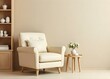 © Stock - A beige armchair next to a wooden shelf with decorations, a small table with candles and a bouquet of flowers in a beige room