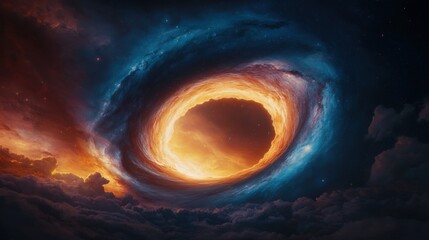 Wall Mural - Artistic depiction of a black hole in space, surrounded by vibrant nebulae and cosmic clouds with bright fiery colors.