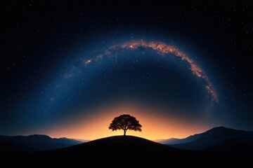 Wall Mural - Serene Nightscape with Lone Tree Under a Glowing Milky Way Galaxy Arc at Dusk