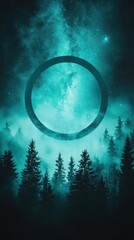 Wall Mural - Mysterious cosmic portal descends over a misty forest. Magical abstract landscape for surreal concepts and designs.