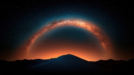 Wall Mural - Majestic Nightscape of the Milky Way Galaxy Arching Over Silhouette Mountain Range, Starry Sky View.