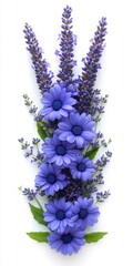 Poster - Vertical arrangement of purple flowers and lavender sprigs on white background.