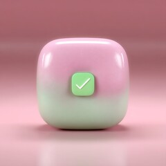 Poster - 3D Rendering of Gradient Cube Shape with Check Mark Icon and Pink Green Colors on Surface