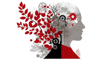 Poster - Abstract Botanical Mindscape with Gears and Foliage Representing Intellect and Growth Concept