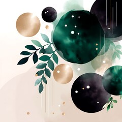 Poster - Abstract Composition of Circles and Foliage with Watercolor Effects in Dark Green and Golden Accents.