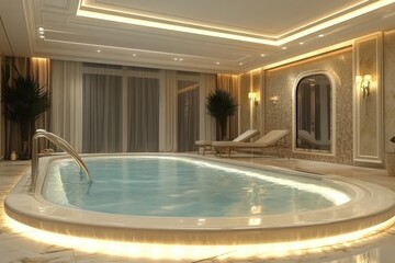 Poster - Luxurious indoor pool area with elegant lighting and comfortable lounge chairs