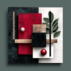 Poster - Abstract Composition with Geometric Shapes Red Sphere and Green Leaves Decorative Arrangement Art