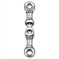Poster - Detailed close up of a silver metal linkage, showing nuts, bolts, and cylindrical connectors. The image is clean and well lit.