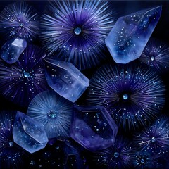 Poster - Abstract Deep Blue Sea Urchins and Crystal Gems Floating in Space Artistic Renderings on Dark Background.