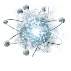 Poster - Abstract Depiction of an Atom with Orbiting Electrons Radiating Energy and Light Effects