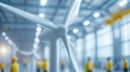 Poster - close up of white wind turbine in modern factory, symbolizing sustainable energy production. Workers in yellow uniforms are visible in background