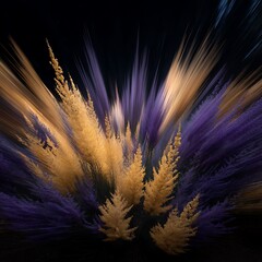 Poster - Abstract Floral Burst of Purple and Gold Tones Against a Dramatic Backdrop of Deep Darkness