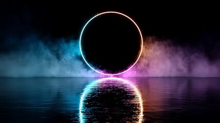 Poster - Abstract Futuristic Neon Ring Reflection on Water Surface with Blue and Purple Smoke Aesthetic.