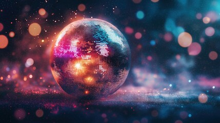 Poster - Vibrant disco ball made of glowing digital pixels and particles, radiating colorful light bursts in a festive abstract atmosphere
