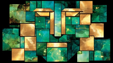 Poster - Abstract Geometric Portrait Golden Turquoise Hues Artistic Mosaic Composition on Black Backdrop.