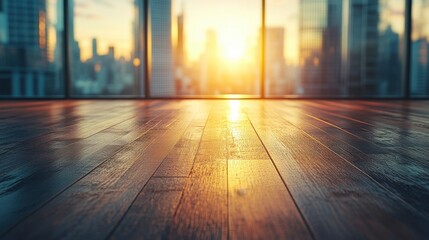 Poster - Warm sunset light illuminates a polished wooden floor in a modern office overlooking a cityscape.