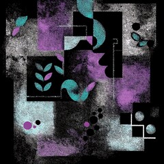 Poster - Abstract Geometry with Botanical Elements and Dark Hues in Contemporary Design Composition.