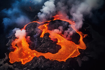 Wall Mural - volcano eruption from a bird view. volcano crater and magma flow shot from above. genertated ai.