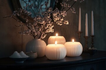Poster - Soft candlelight ambiance with decorative vases and cherry blossoms in a dimly lit room