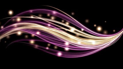 Poster - Abstract Light Trails in Wavy Motion Golden Purple Hues and Sparkling Bokeh Against Black Background.
