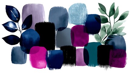 Poster - Abstract Palette of Colorful Brushstrokes with Botanical Accents on a Clean White Canvas Backdrop.