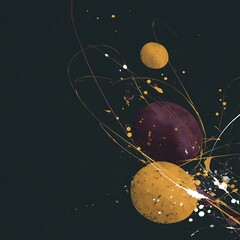 Poster - Abstract Spheres in Orbit with Splashes of Paint Dark Serene Backdrop Modern Art Space Concept.