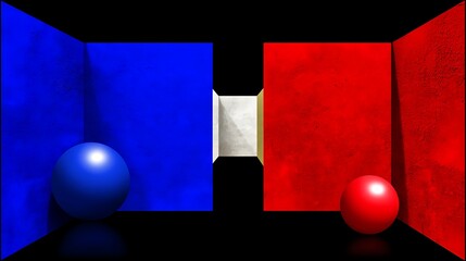 Poster - Abstract Spheres in Red and Blue Rooms Representing French Flag Colors with a Geometric Style.