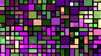 Poster - Abstract Stained Glass Rectangles Design with Geometric Patterns and Shades of Green Purple.