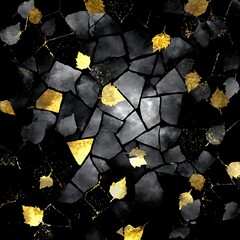 Poster - Abstract Stone Mosaic Pattern with Gold Leaf Accents on Black Background Artistic Visualization