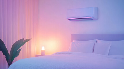 Poster - cozy bedroom with soft lighting, featuring neatly made bed, glowing bedside lamp, potted plant, and modern air conditioner on wall