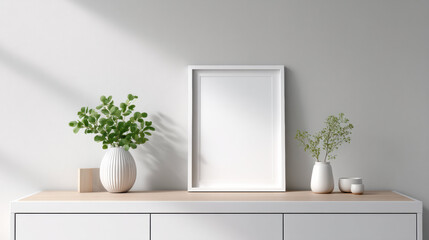 Poster - White frame mockup for photo display on modern cabinet with minimalist decor and natural light creating calm atmosphere in room interior