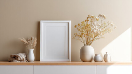 Poster - Frame for photo mockup with blank white frame on wooden shelf surrounded by ceramic vase, dried flowers and soft natural light in minimalist interior style