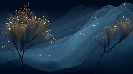 Poster - Abstract Tree in Night Landscape with Bokeh Effects Creates Dreamy Serenity and Mystery
