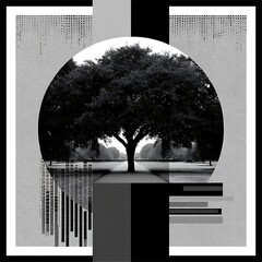 Poster - Abstract Tree of Life in a Geometric Dimension Black and White Landscape Art Piece.