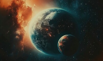 Wall Mural - Cosmic Encounter: Earth and Moon in a Dramatic Nebula