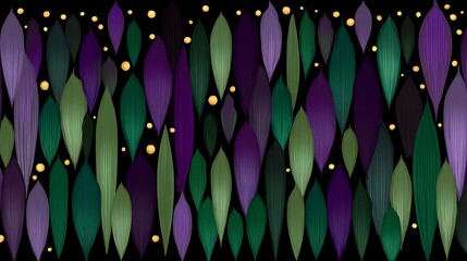 Poster - Abstract Vertical Leaves Pattern in Purple Green and Gold Dots on Black Background Elegant Design.
