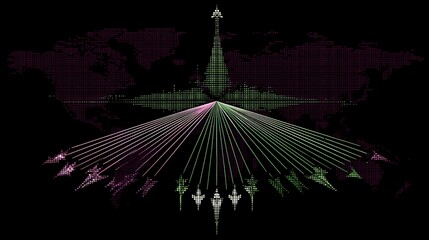 Poster - Abstract World Map Network Connection with Central Tower and Distributed Arrows in Cyberpunk Style.